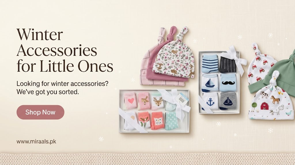 Baby winter accessories: knot caps, socks, hooded towel, straw bottle and bibs from Miraals