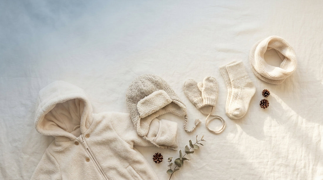 Flat-lay of winter baby accessories including a fleece pramsuit, knit trapper cap, mittens, and socks styled on a soft cream background — Islamabad winter essentials