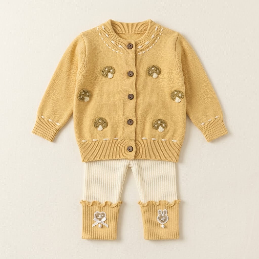 Mushroom Knit Cardigan & Ribbed Leggings Set – Mustard