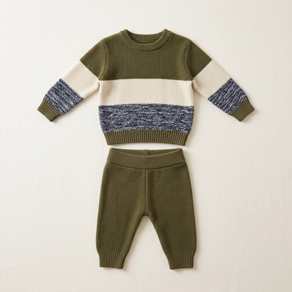 Colorblock Seed-Stitch Knit Sweater & Pants Set – Olive