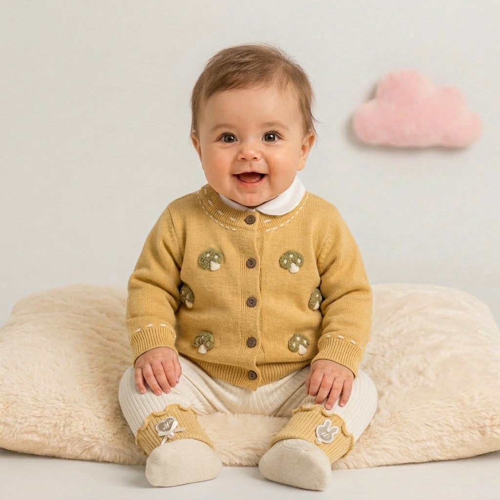 Mushroom Knit Cardigan & Ribbed Leggings Set – Mustard