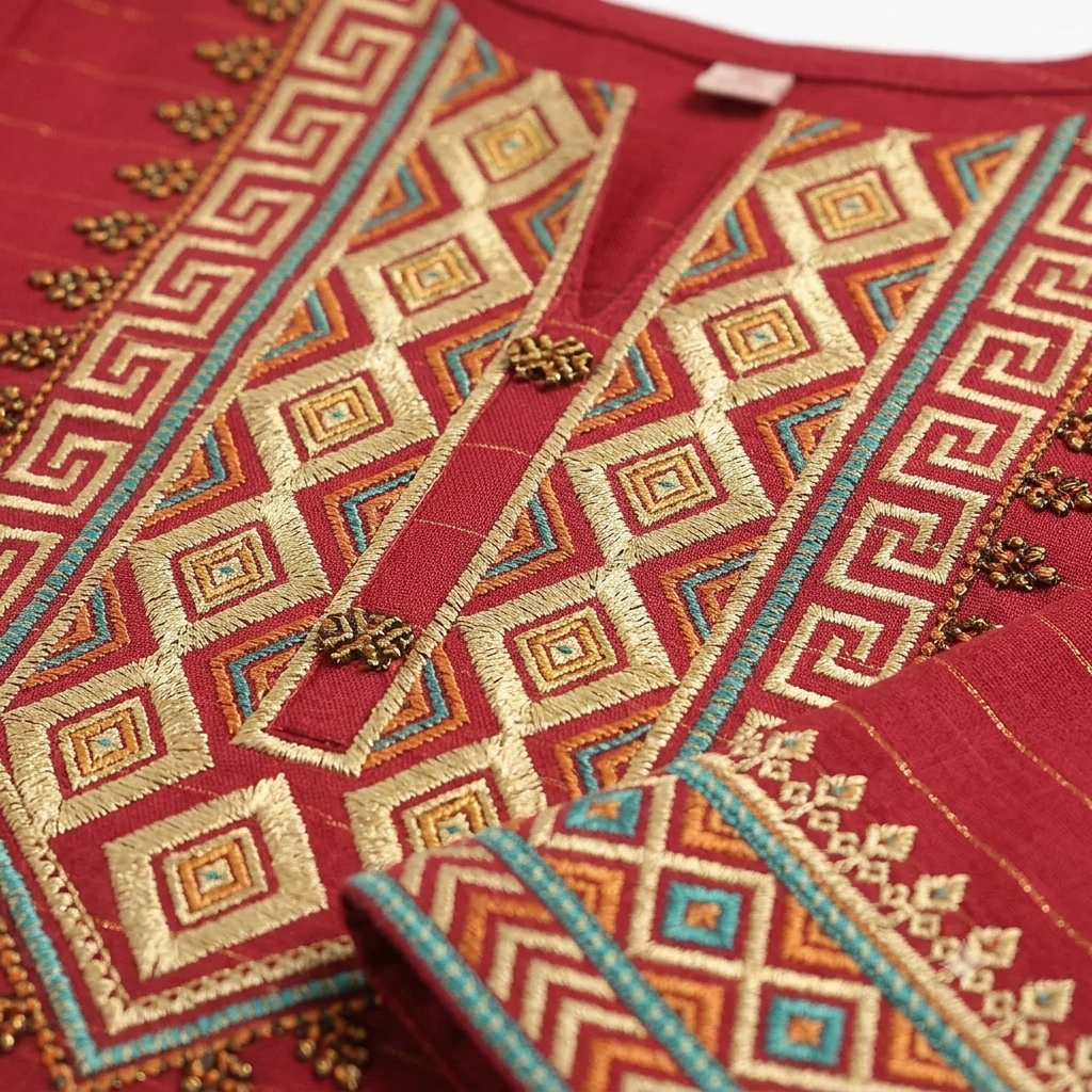 Golden Hour Embroidered Kurti – Red