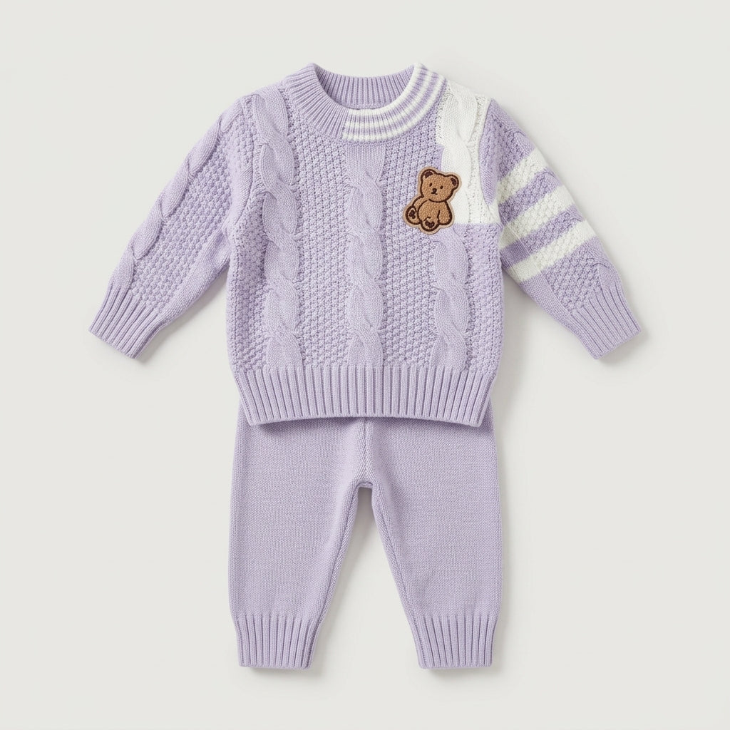 Teddy Patch Cable Knit Sweater Set