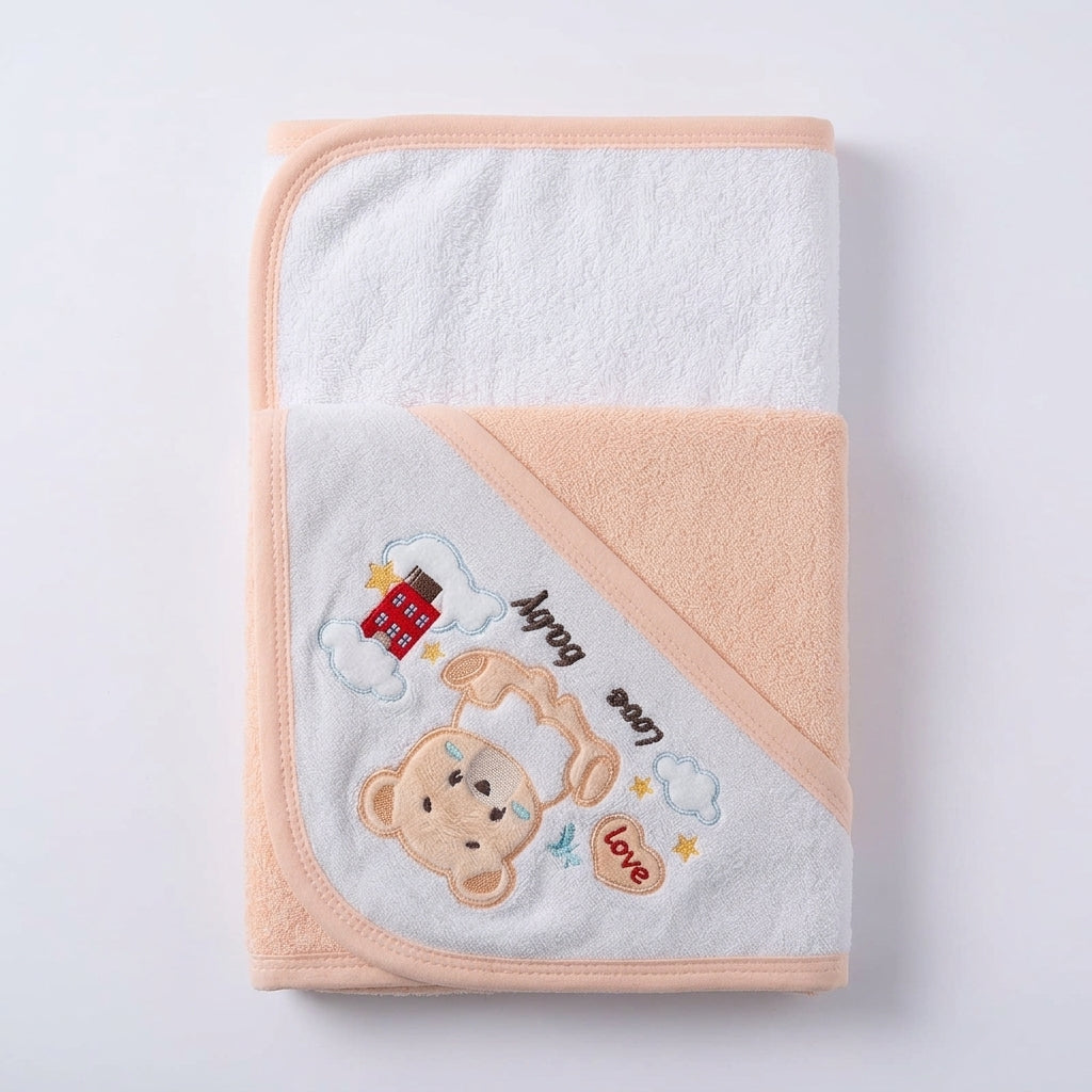 Love You Peach Hooded Towel + 6 Washcloths Set
