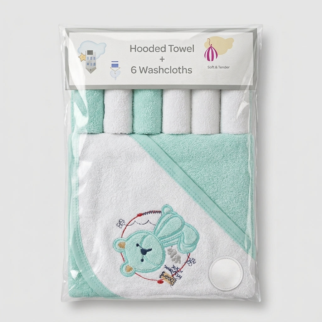 Sleepy Bear Mint Hooded Towel + 6 Washcloth Set