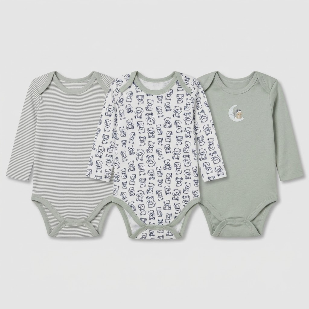 Sleepy Teddy Pack of 3 Long Sleeve Bodysuits