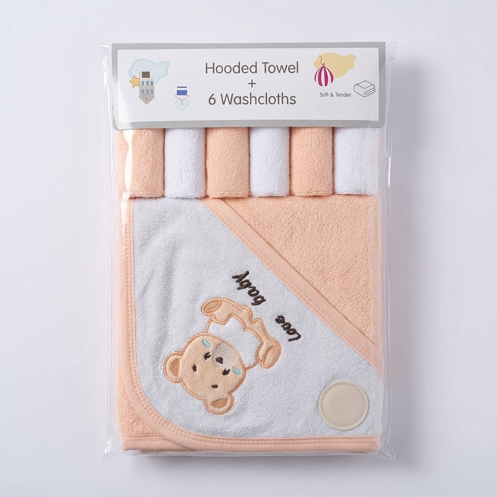 Love You Peach Hooded Towel + 6 Washcloths Set