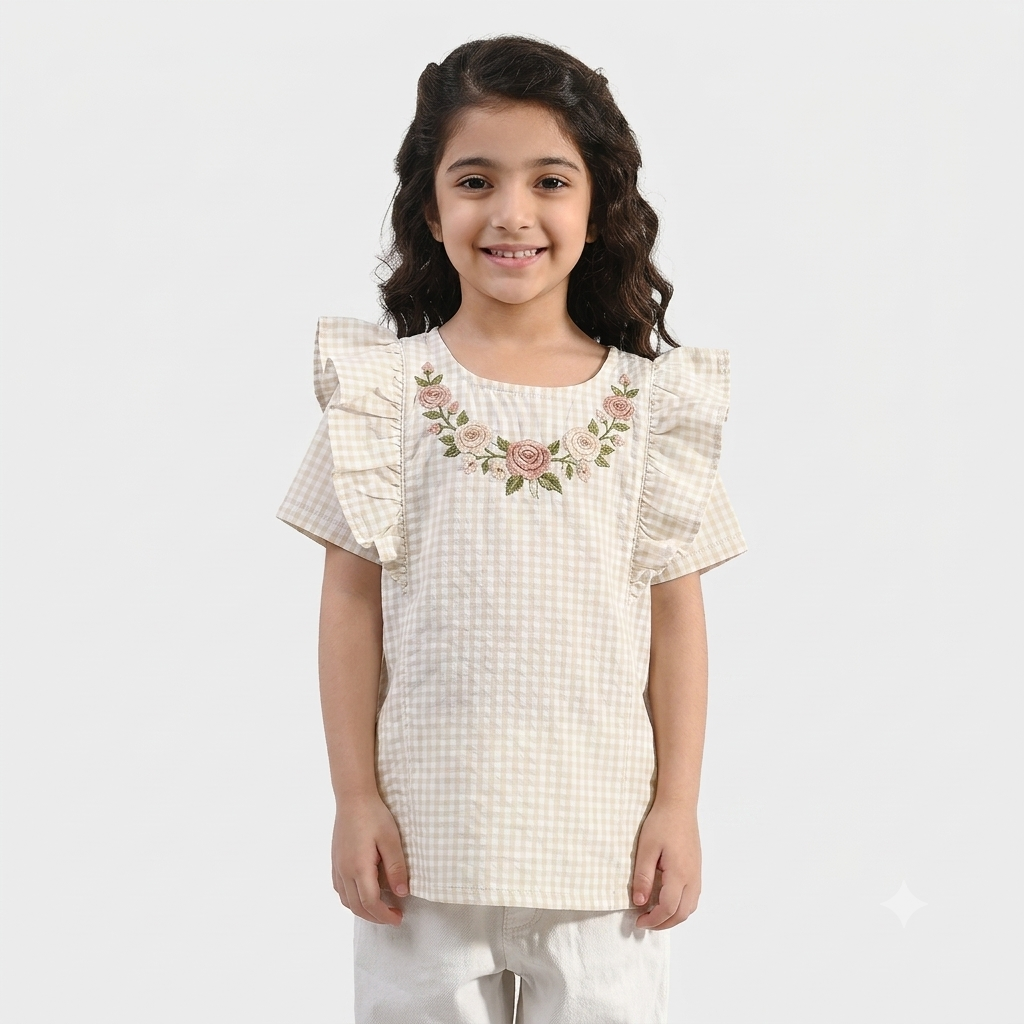 Rosey Check Embroidered Top – White