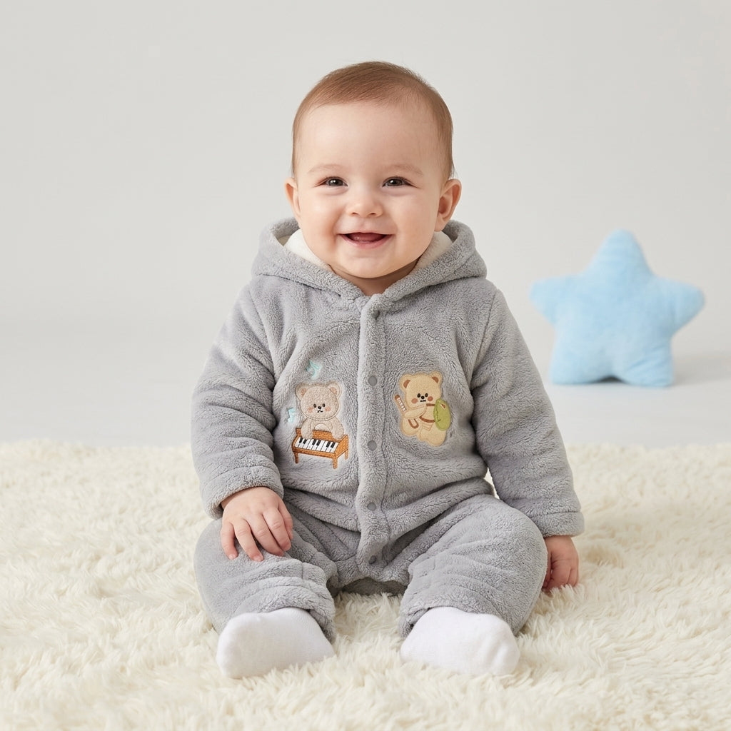 Piano Bear Fleece Hooded Pramsuit