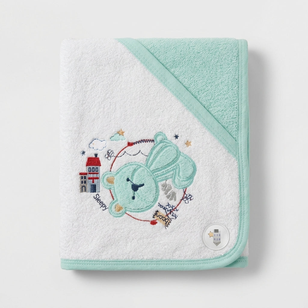 Sleepy Bear Mint Hooded Towel + 6 Washcloth Set