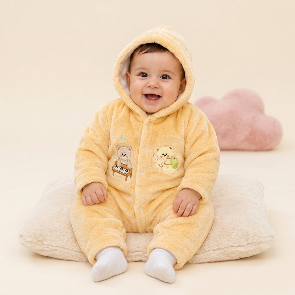 Piano Bear Fleece Hooded Pramsuit