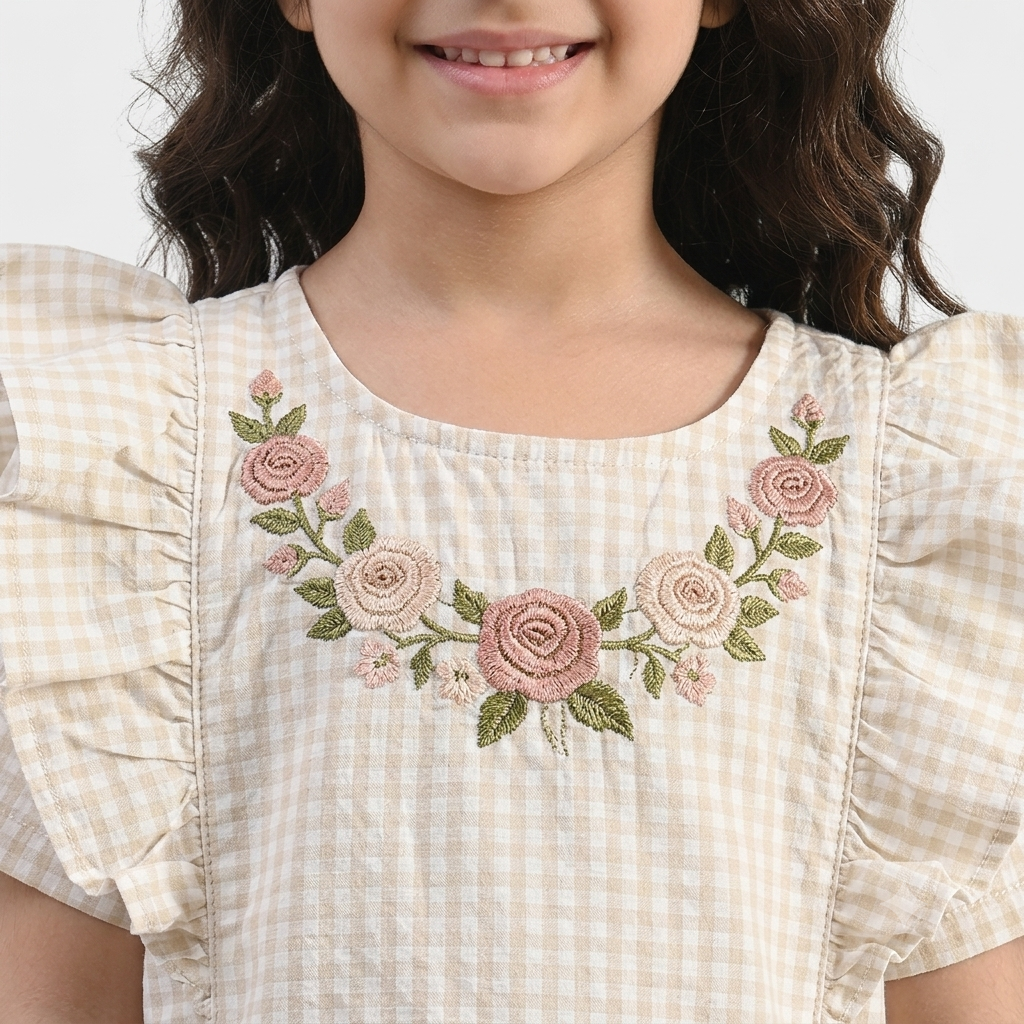 Rosey Check Embroidered Top – White