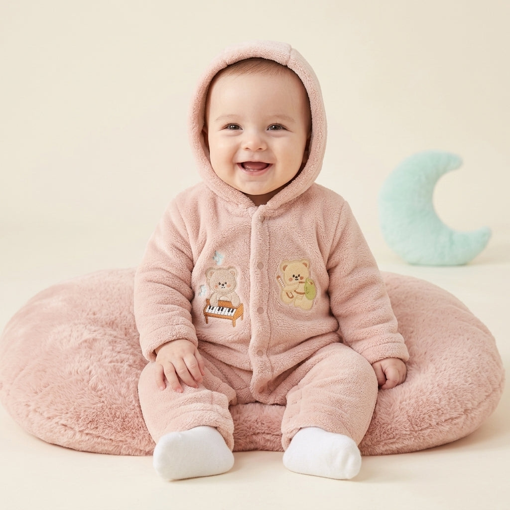 Piano Bear Fleece Hooded Pramsuit
