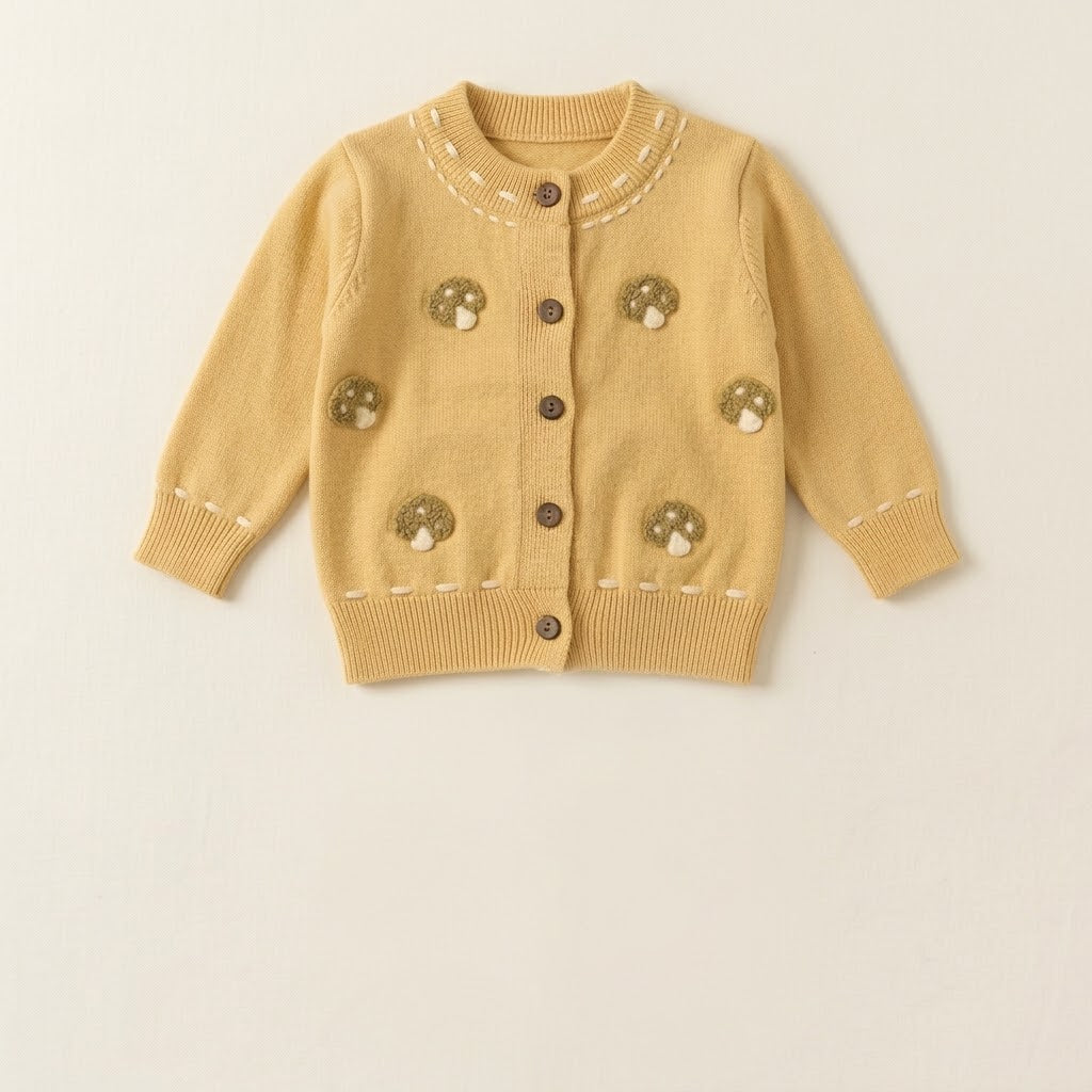 Mushroom Knit Cardigan & Ribbed Leggings Set – Mustard