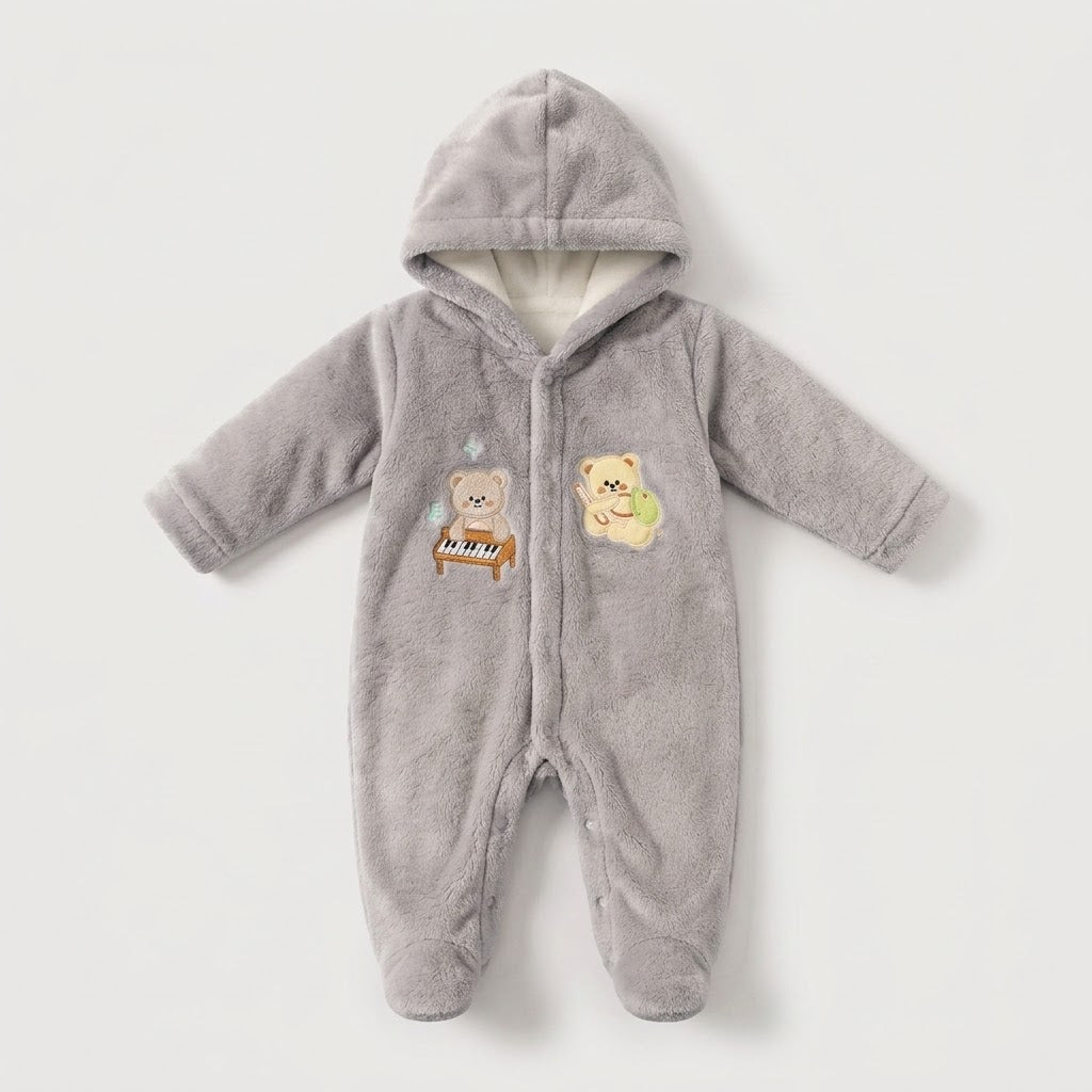 Piano Bear Fleece Hooded Pramsuit