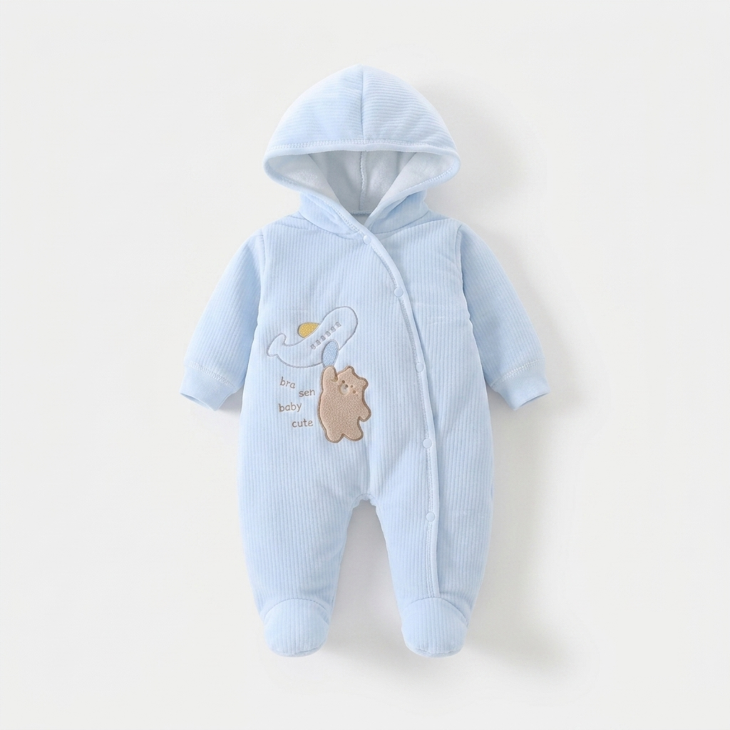 A light blue ribbed hooded baby footed sleeper with snap closures and a cute embroidered design on the chest featuring a duck, a banana, and a teddy bear.