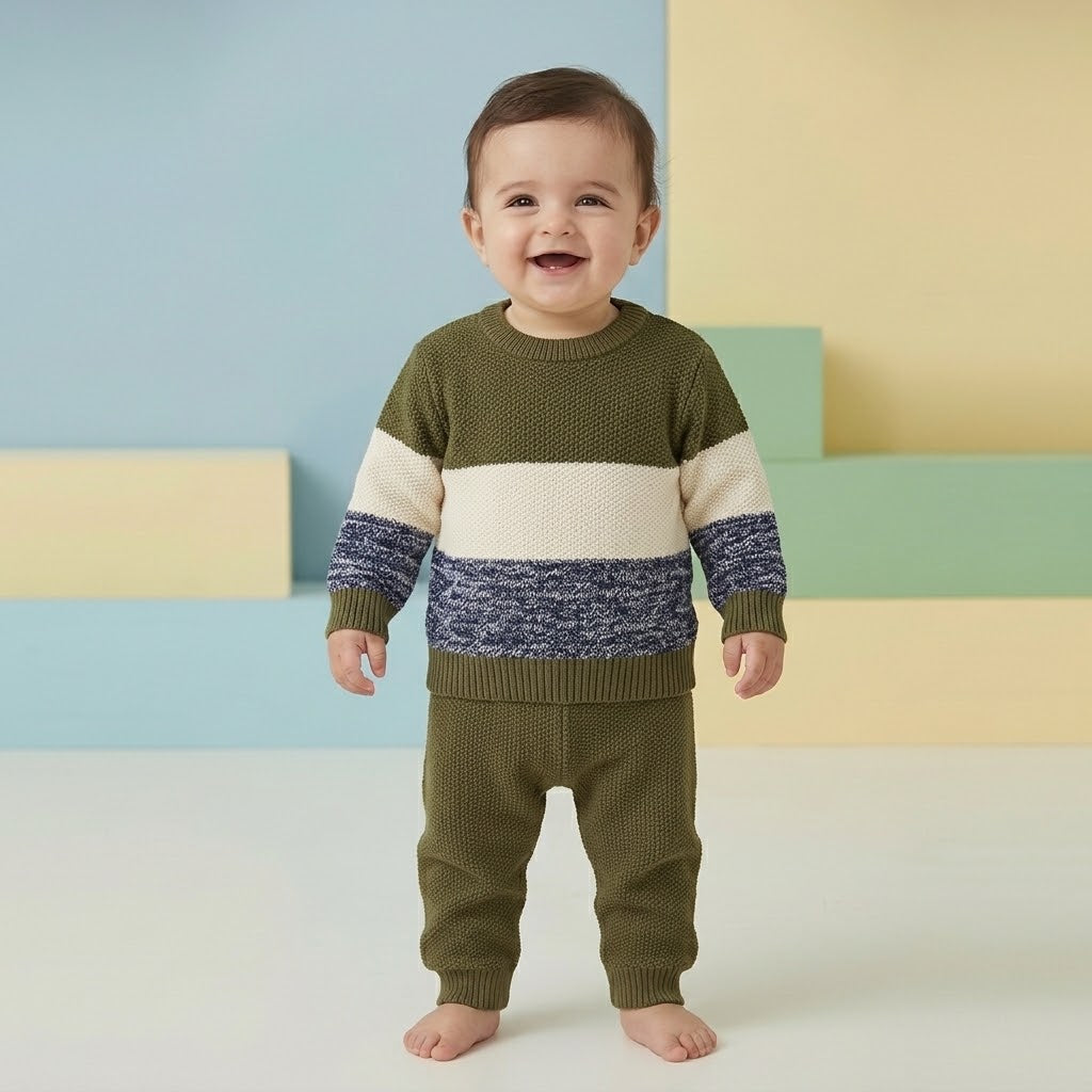 Colorblock Seed-Stitch Knit Sweater & Pants Set – Olive