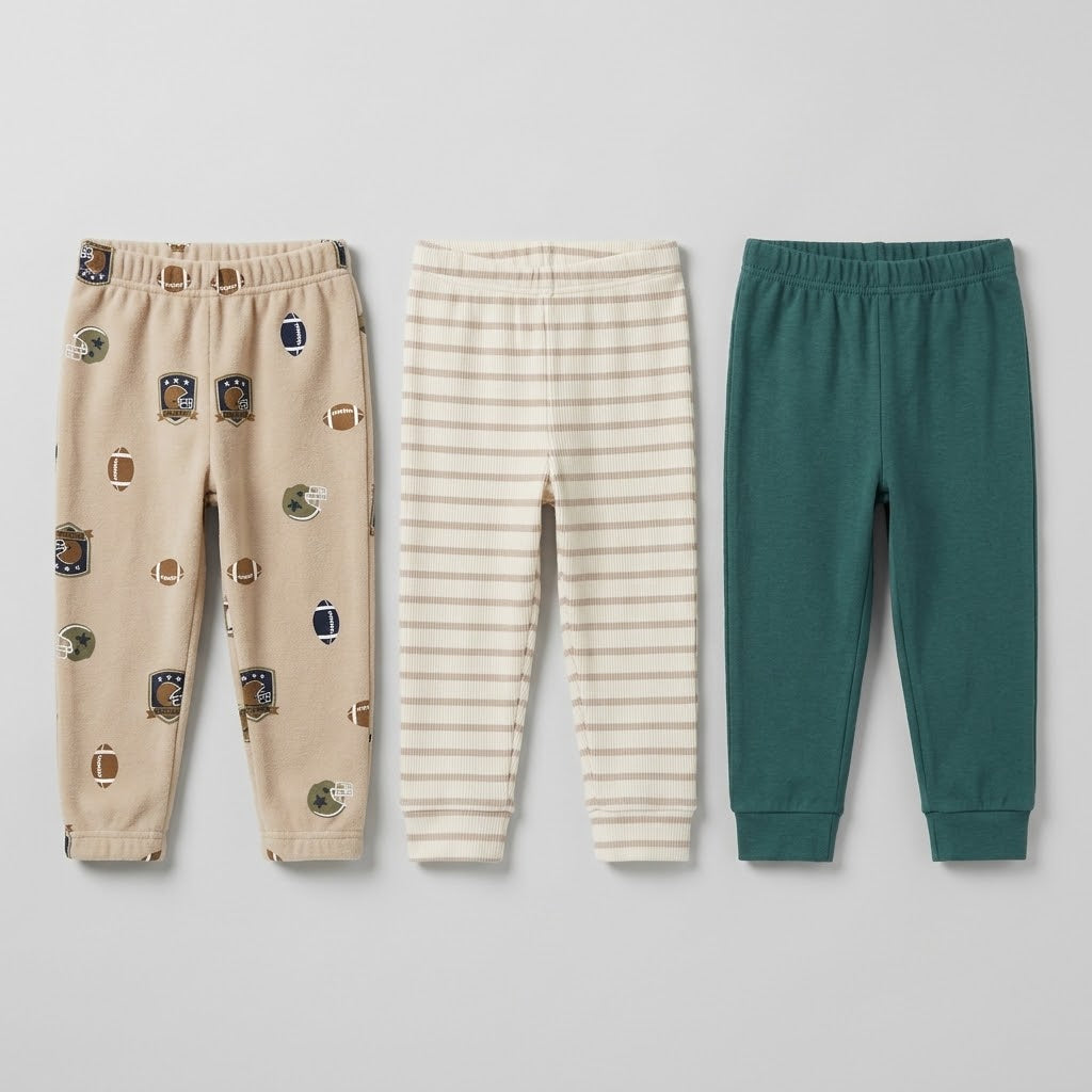 Baby Boys Trousers Set – Pack of 3 (Football Print, Striped, Teal)