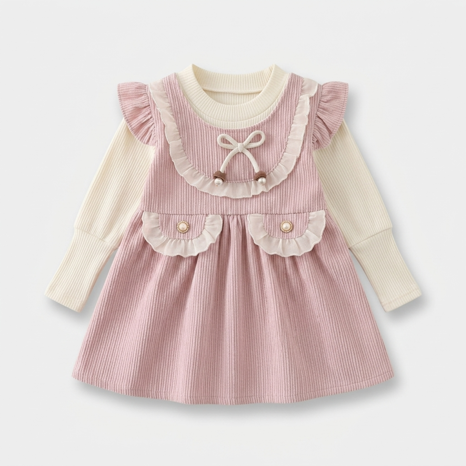 Pearl Bow Corduroy Pinafore Set