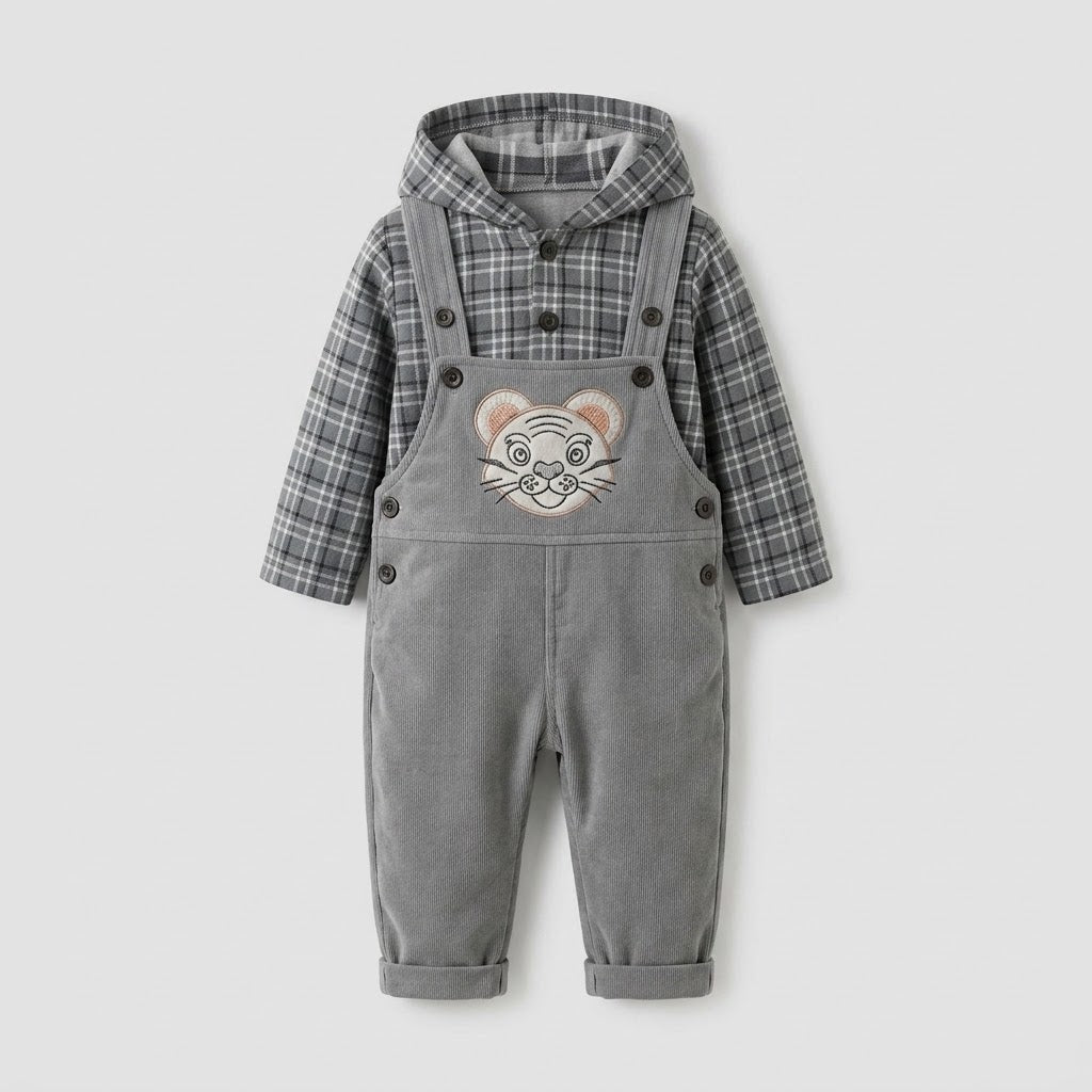 Tiger Face Corduroy Overalls Set